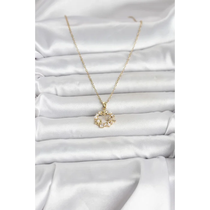 316L Çelik Zincir Gold Renk İncili Çiçek Model Kadın Koyle