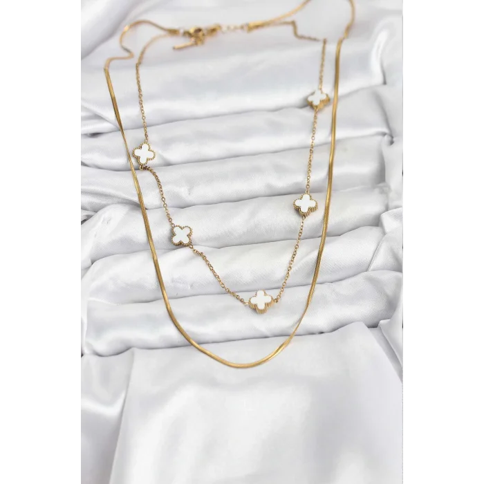 316L Çelik Zincir Gold Renk İtalyan Zincirli Yonca Model Kadın Kolye