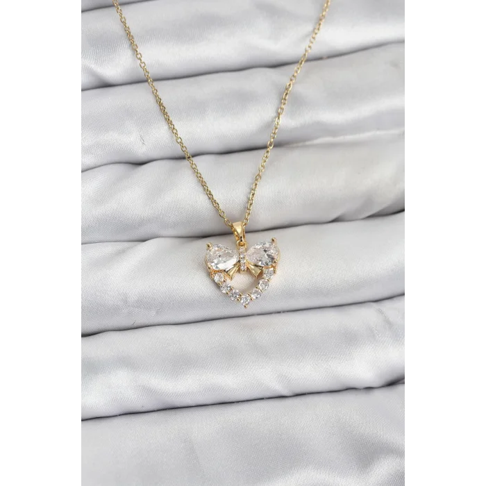 316L Çelik Zincir Gold Renk Kalp ve Fiyonk Model Zirkon Taşlı Kadın Kolye