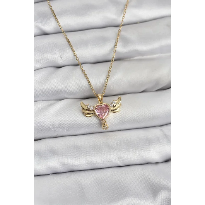 316L Çelik Zincir Gold Renk Kanatlı Kalp Model Zirkon Taşlı Kadın Kolye
