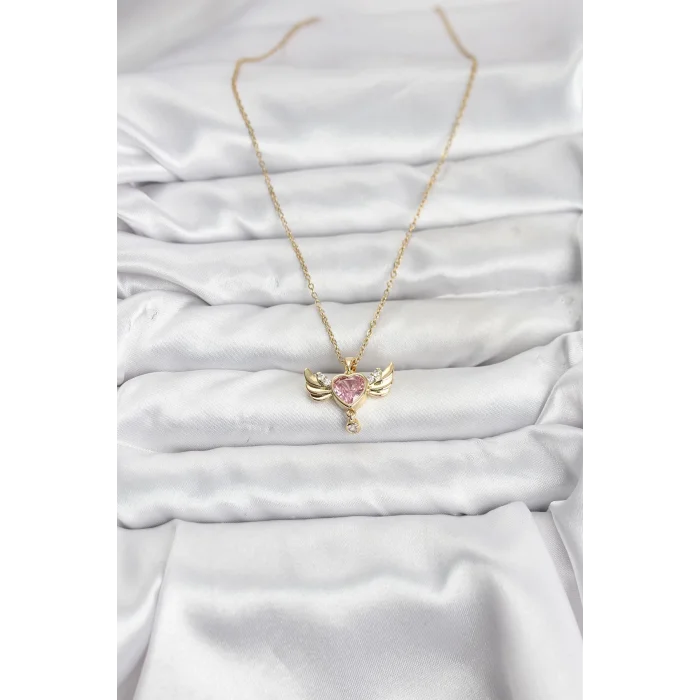 316L Çelik Zincir Gold Renk Kanatlı Kalp Model Zirkon Taşlı Kadın Kolye