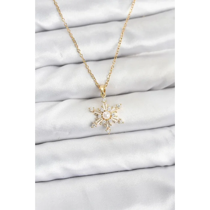 316L Çelik Zincir Gold Renk Kar Tanesi Model Zirkon Taşlı Kadın Kolye