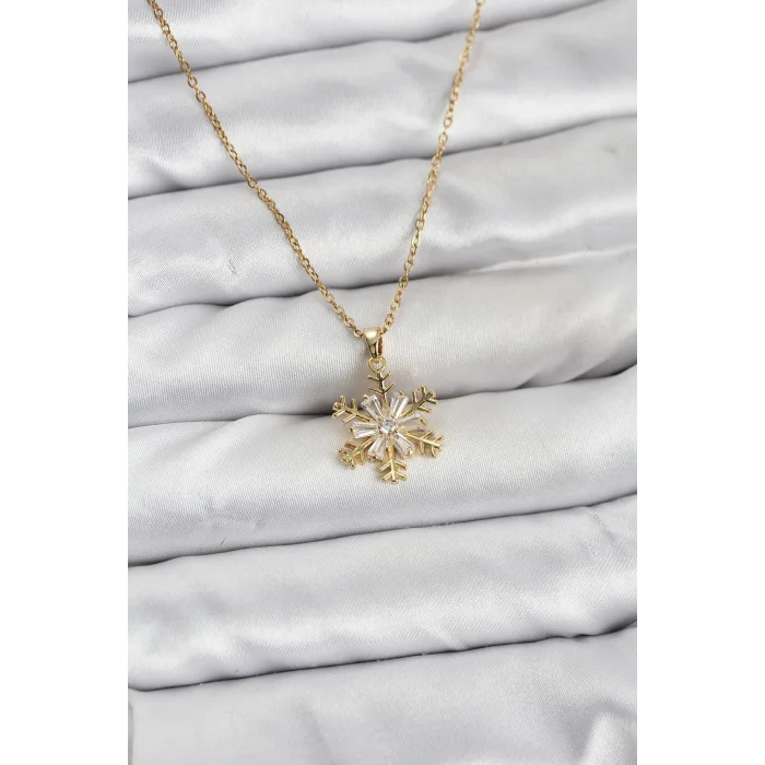 316L Çelik Zincir Gold Renk Kar Tanesi Model Zirkon Taşlı Kadın Kolye