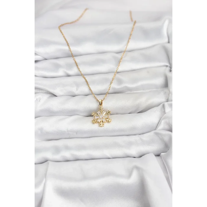 316L Çelik Zincir Gold Renk Kar Tanesi Model Zirkon Taşlı Kadın Kolye