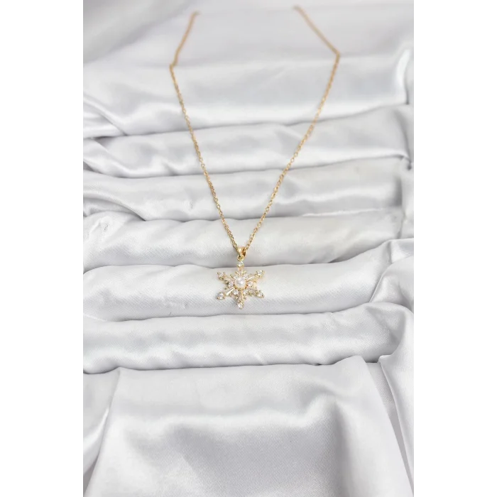 316L Çelik Zincir Gold Renk Kar Tanesi Model Zirkon Taşlı Kadın Kolye