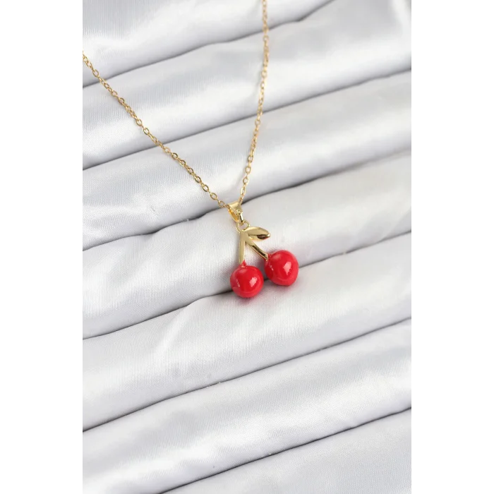 316L Çelik Zincir Gold Renk Kiraz Model Kadın Kolye