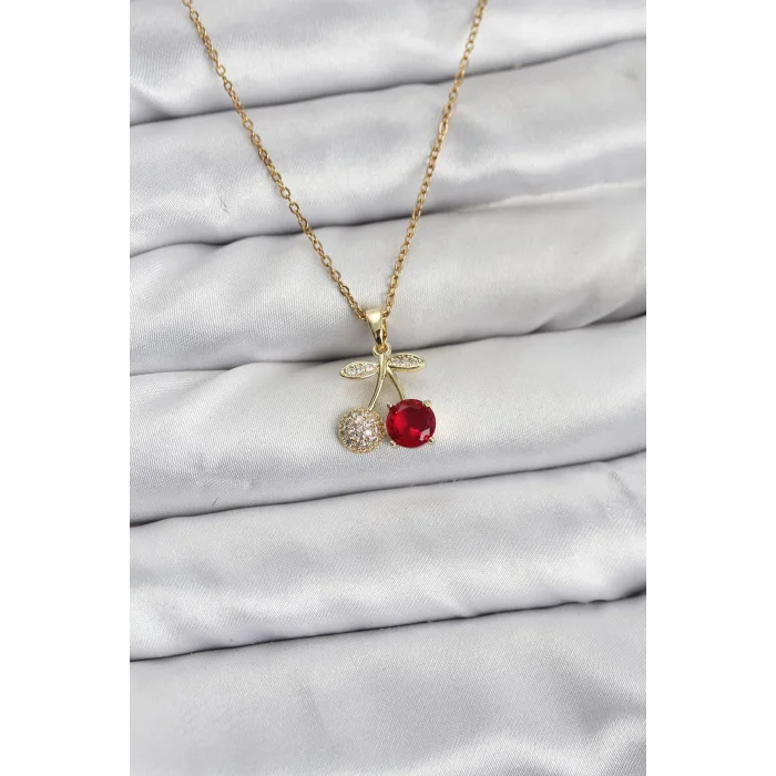 316L Çelik Zincir Gold Renk Kiraz Model Zirkon Taşlı Kadın Kolye