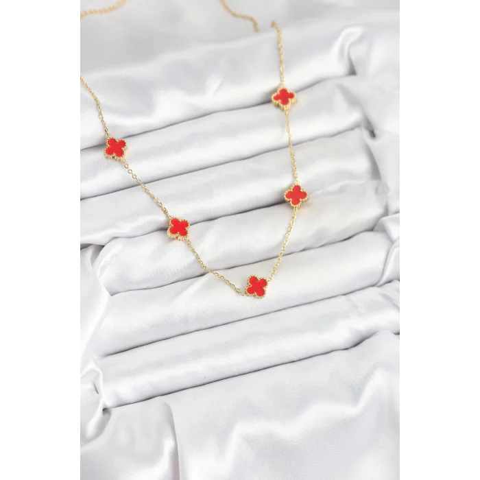 316L Çelik Zincir Gold Renk Kırmızı Baby Boy Yonca Kadın Kolye