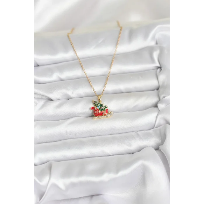 316L Çelik Zincir Gold Renk Kızak ve Çam Ağacı Figürlü Yılbaşı Temalı Kadın Kolye