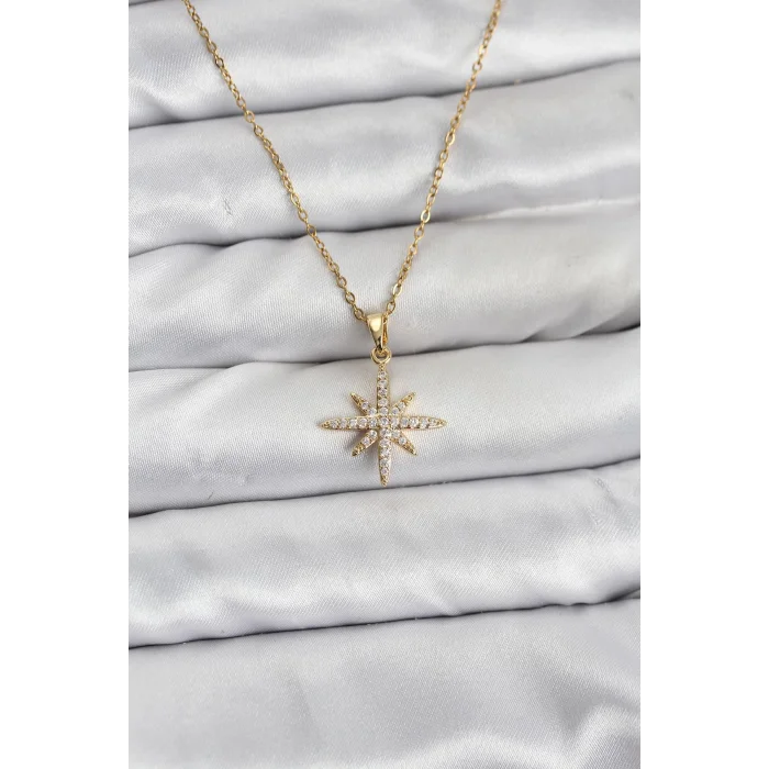 316L Çelik Zincir Gold Renk Kutup Yıldızı Model Zirkon Taşlı Kadın Kolye