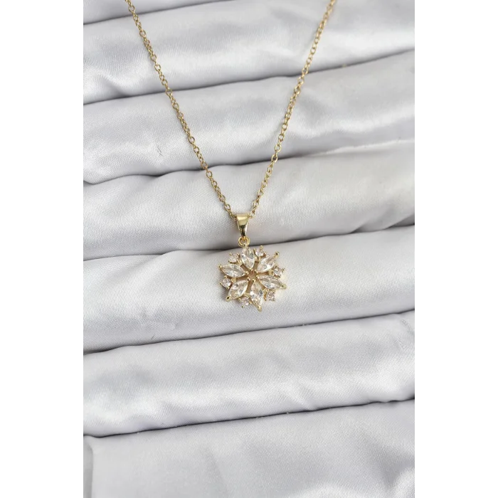 316L Çelik Zincir Gold Renk Lotus Model Zirkon Taşlı Kadın Kolye
