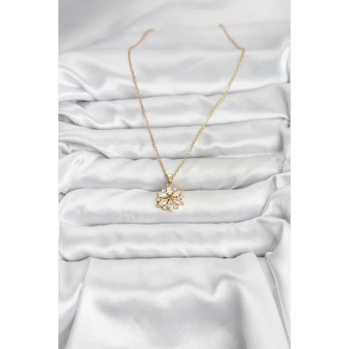 316L Çelik Zincir Gold Renk Lotus Model Zirkon Taşlı Kadın Kolye