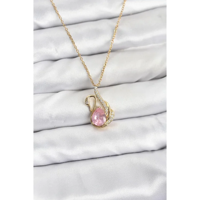 316L Çelik Zincir Gold Renk Pembe Kuğu Model Zirkon Taşlı Kadın Kolye