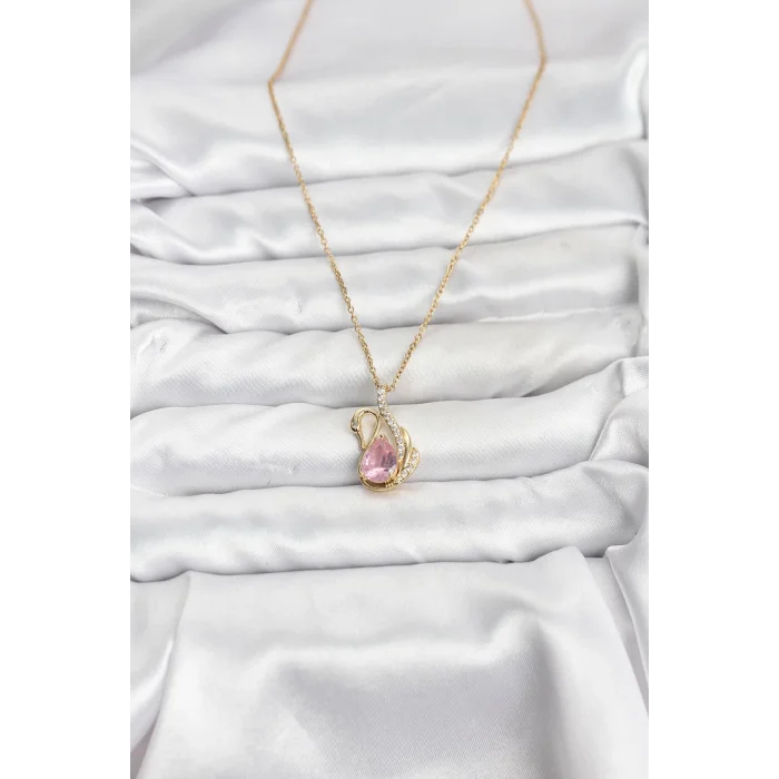 316L Çelik Zincir Gold Renk Pembe Kuğu Model Zirkon Taşlı Kadın Kolye
