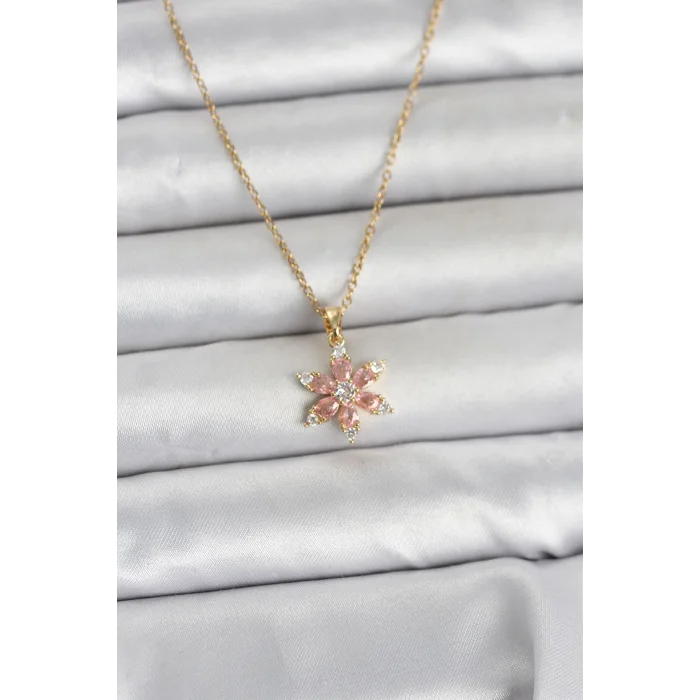 316L Çelik Zincir Gold Renk Pembe Lotus Model Kadın Kolye