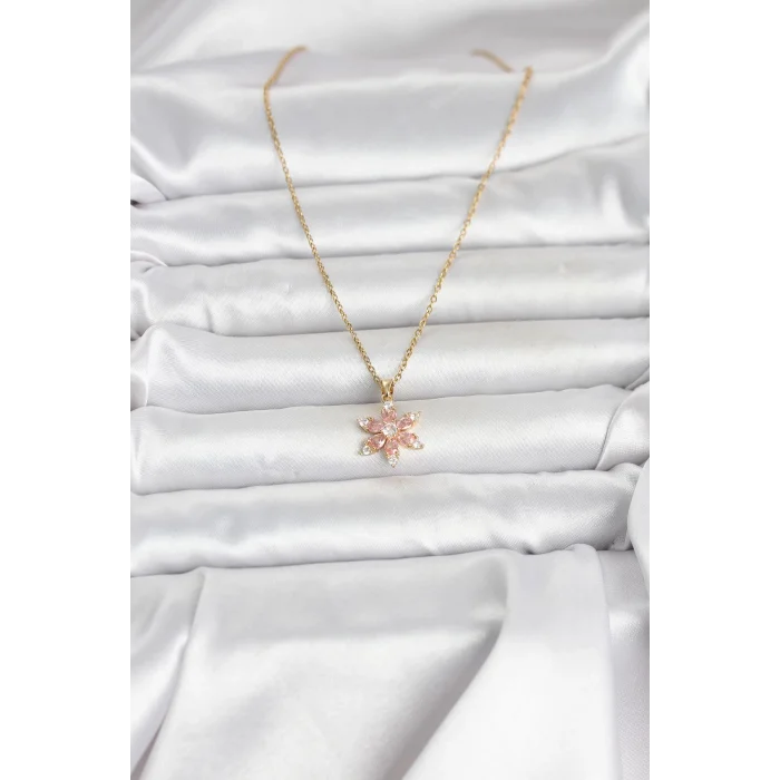 316L Çelik Zincir Gold Renk Pembe Lotus Model Kadın Kolye