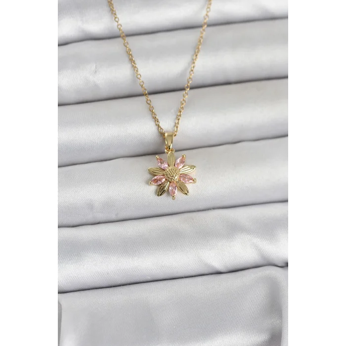 316L Çelik Zincir Gold Renk Pembe Papatya Model Kadın Kolye