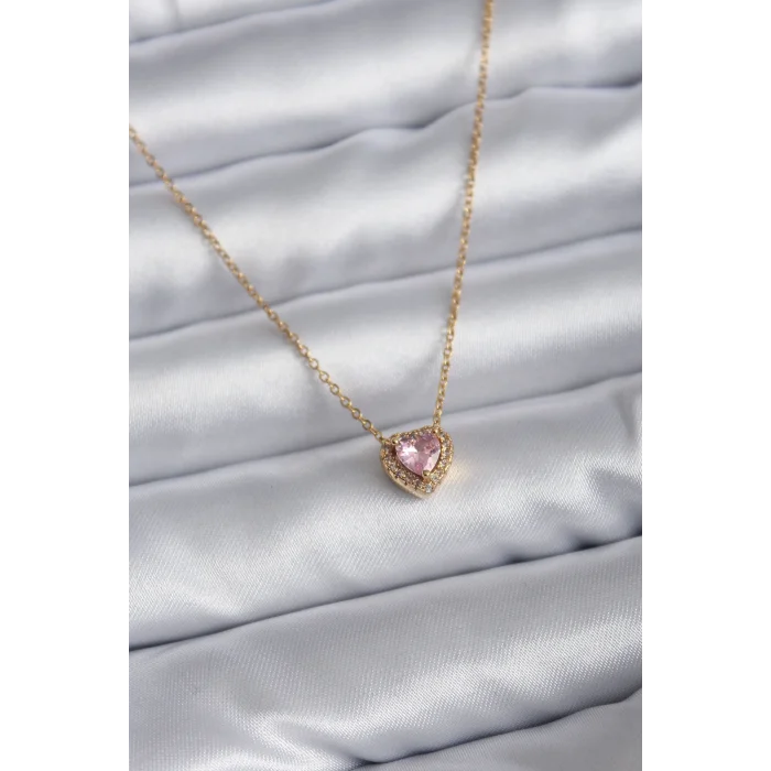 316L Çelik Zincir Gold Renk Pembe Zirkon Taşlı Charm Kadın Kolye