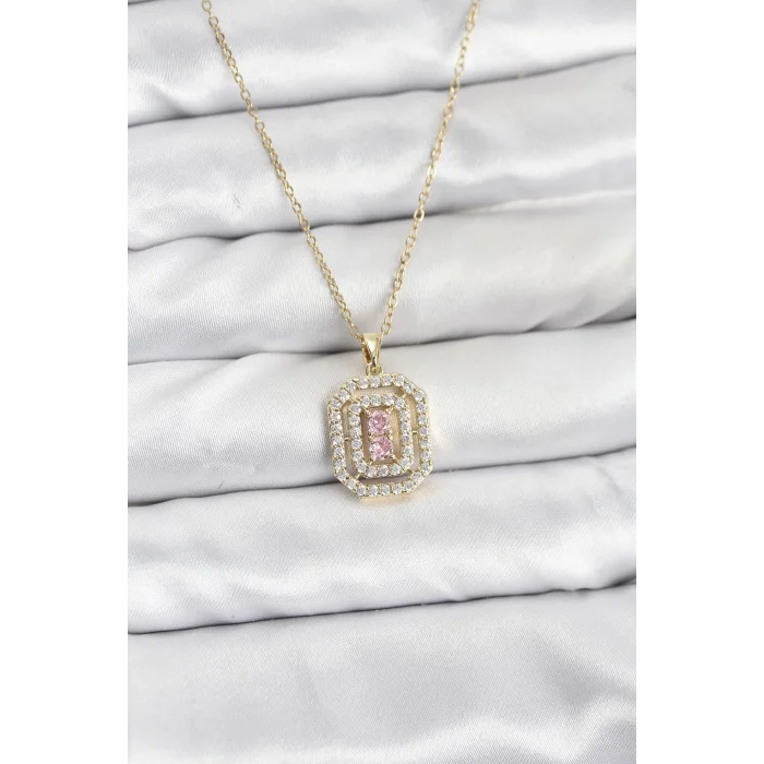 316L Çelik Zincir Gold Renk Plaka Model Zirkon Taşlı Kadın Kolye