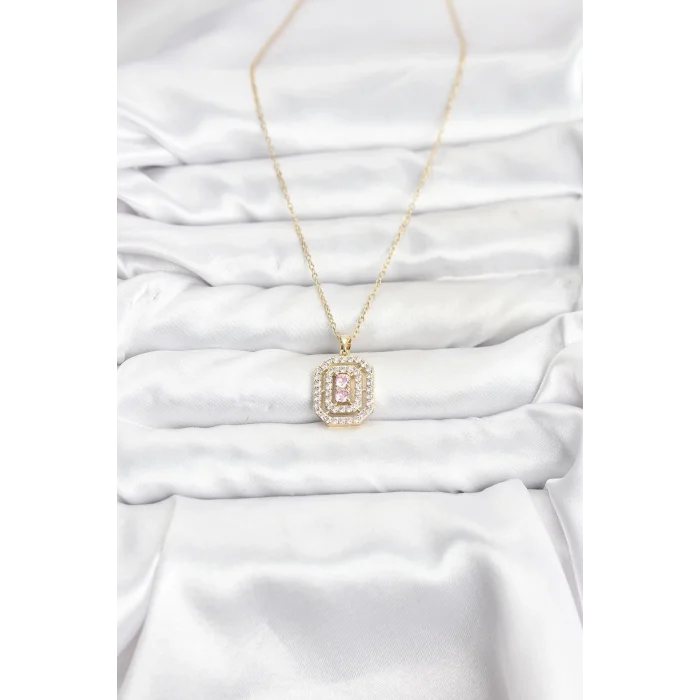 316L Çelik Zincir Gold Renk Plaka Model Zirkon Taşlı Kadın Kolye