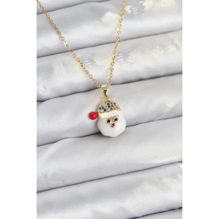 316L Çelik Zincir Gold Renk Şapkalı Kardan Adam Kafası Model Yılbaşı Temalı Kadın Kolye