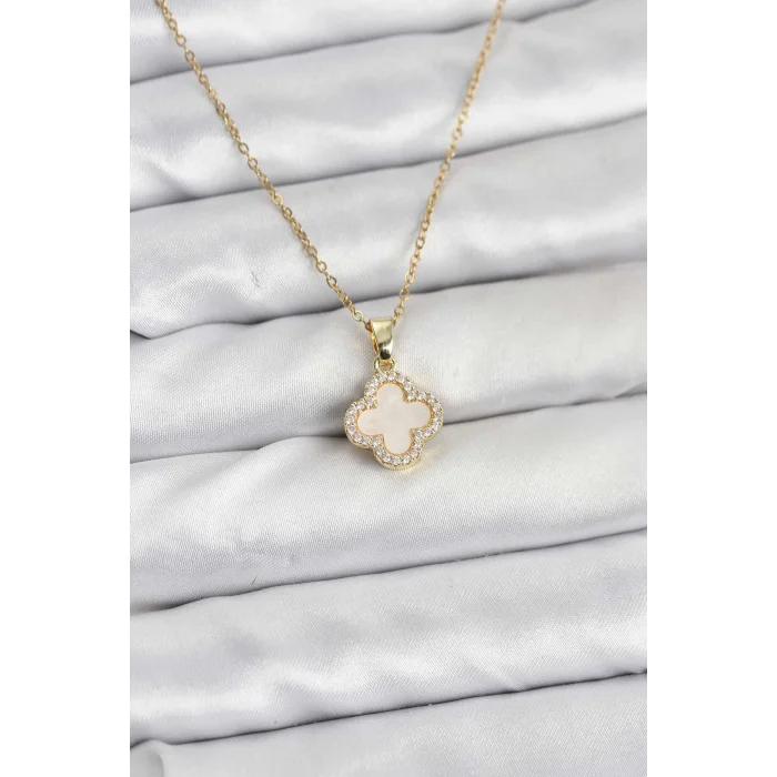 316L Çelik Zincir Gold Renk Sedefli Yonca Kadın Kolye