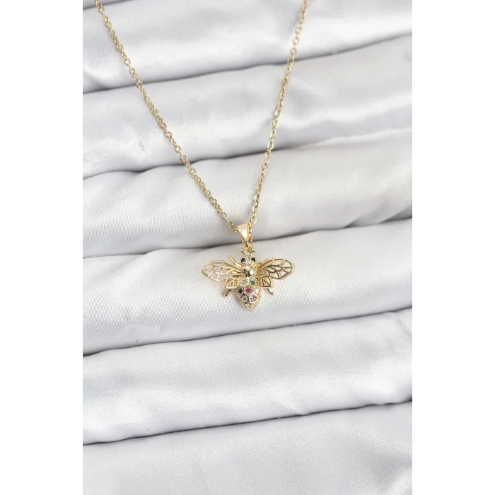 316L Çelik Zincir Gold Renk Sinek Model Zirkon Taşlı Kadın Kolye
