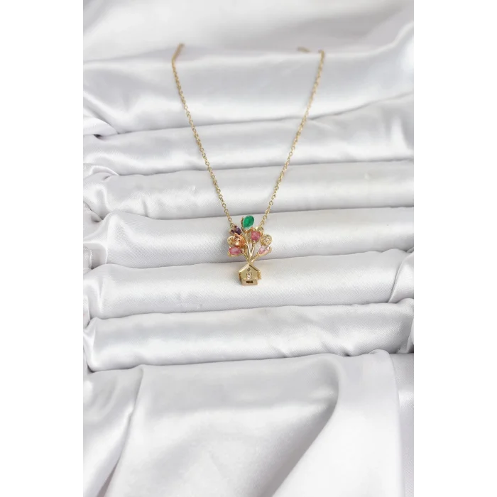 316L Çelik Zincir Gold Renk Uçan Balon Ev Figür Kadın Kolye