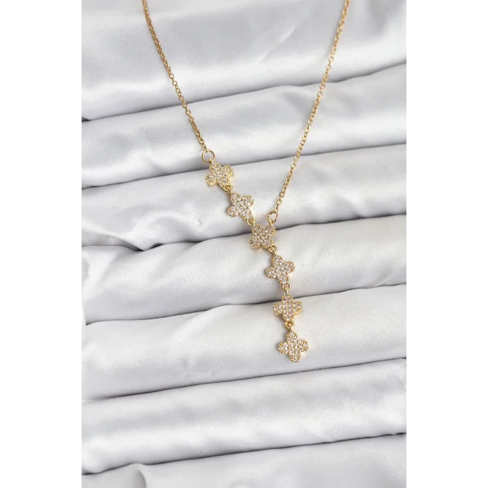 316L Çelik Zincir Gold Renk Yonca Model Kadın Kolye