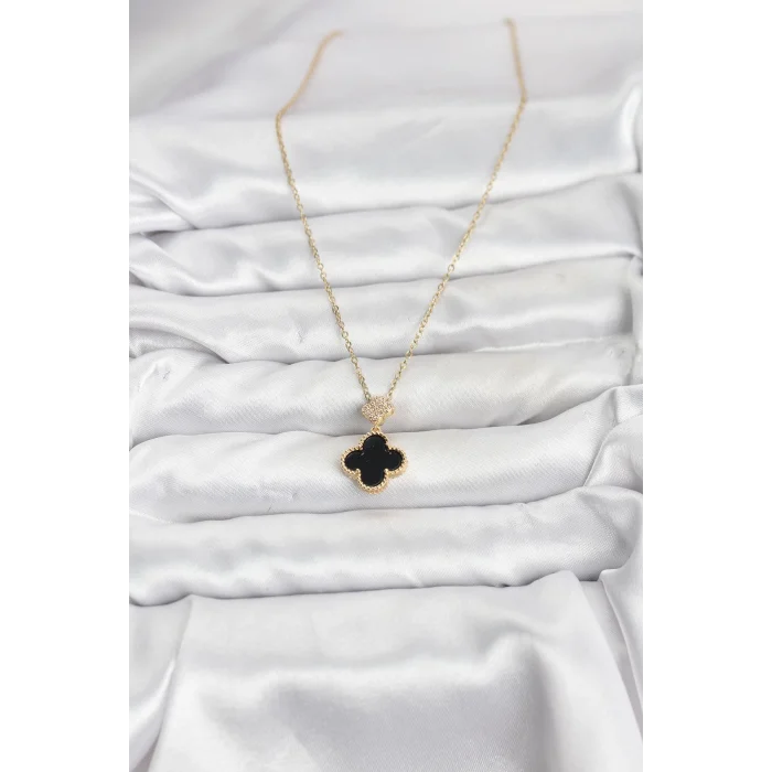 316L Çelik Zincir Gold Renk Yonca Model Zirkon Taşlı Kadın Kolye