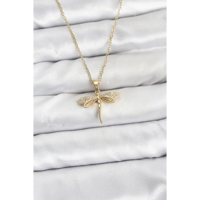 316L Çelik Zincir Gold Renk Yusufçuk Model Zirkon Taşlı Kadın Kolye