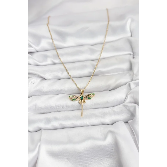 316L Çelik Zincir Gold Renk Yusufçuk Model Zirkon Taşlı Kadın Kolye