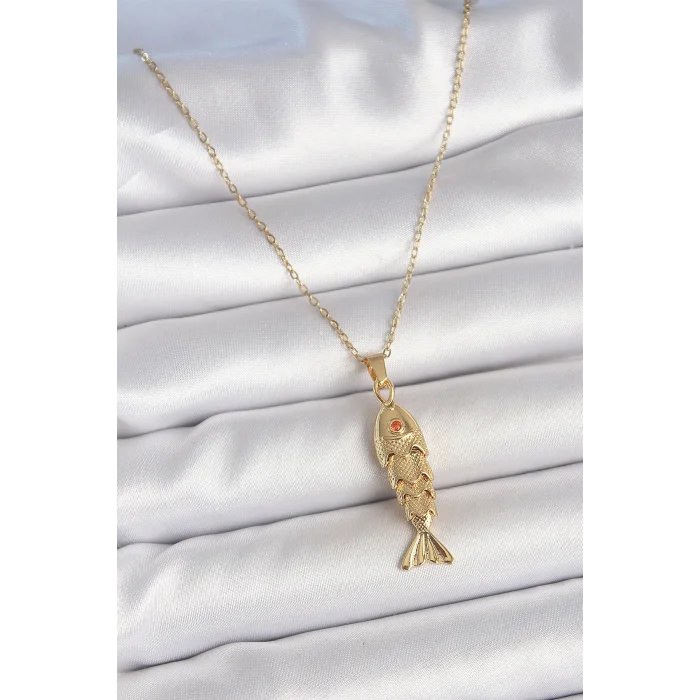316L Çelik Zincir Gold Renk Zirkon Taşlı Balık Figürlü Kolye