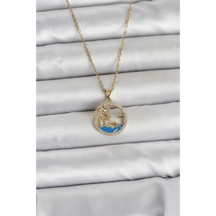316L Çelik Zincir Gold Renk Zirkon Taşlı Deniz Temalı Kadın Kolye
