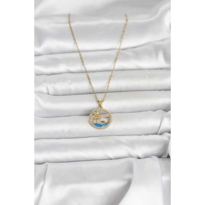 316L Çelik Zincir Gold Renk Zirkon Taşlı Deniz Temalı Kadın Kolye
