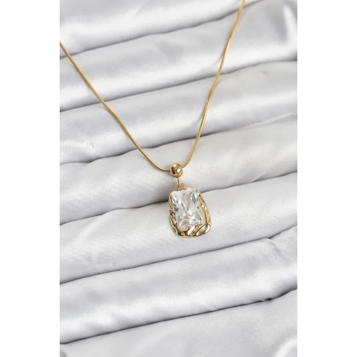 316L Çelik Zincir Gold Renk Zirkon Taşlı Kadın Kolye