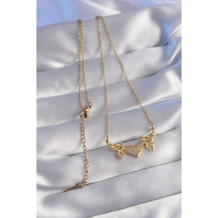 316L Çelik Zincir Gold Renk Zirkon Taşlı Kalp Model Kelebek Detay Kolye