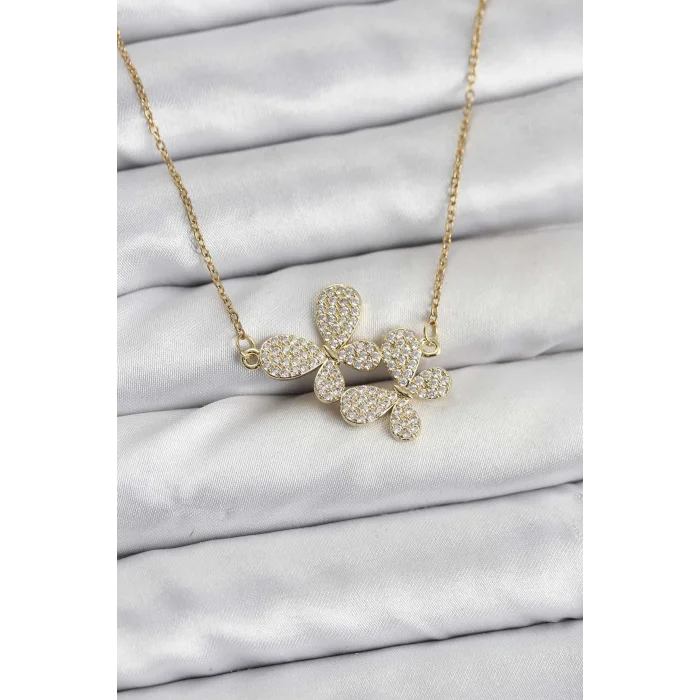 316L Çelik Zincir Gold Renk Zirkon Taşlı Kelebek Model Kadın Kolye