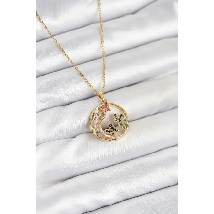 316L Çelik Zincir Gold Renk Zirkon Taşlı Kelebekli Kadın Kolye