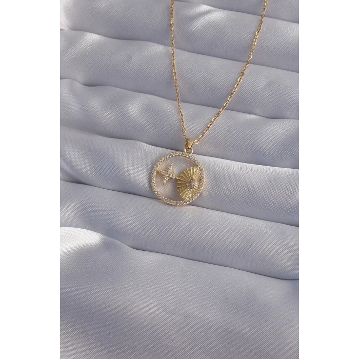 316L Çelik Zincir Gold Renk Zirkon Taşlı Yıldız Figürlü Oval Kolye