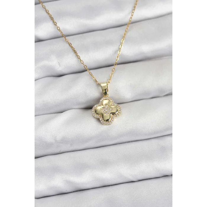 316L Çelik Zincir Gold Renk Zirkon Taşlı Yonca Model Kadın Kolye