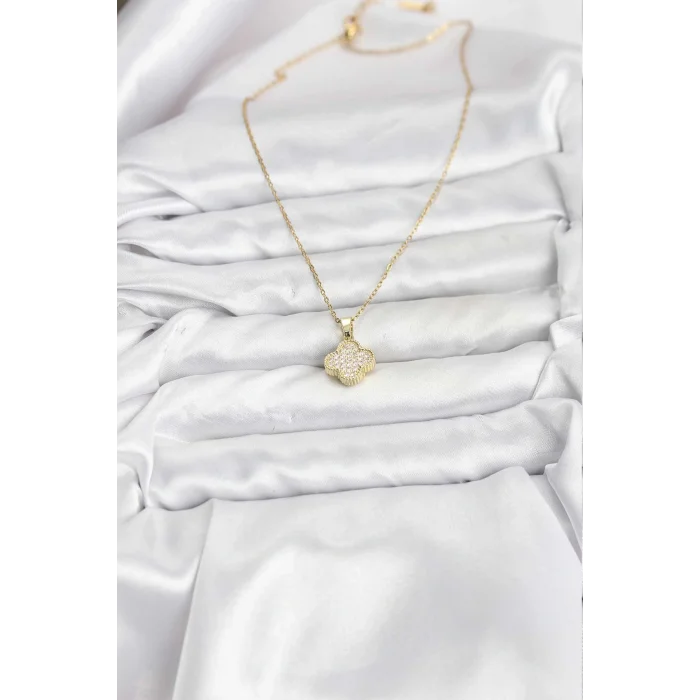 316L Çelik Zincir Gold Renk Zirkon Taşlı Yonca Model Kadın Kolye