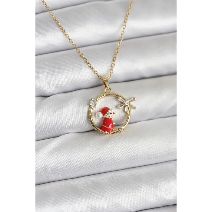 316L Çelik Zincir Gold Zirkon Taşlı Yılbaşı Tema Kadın Kolye