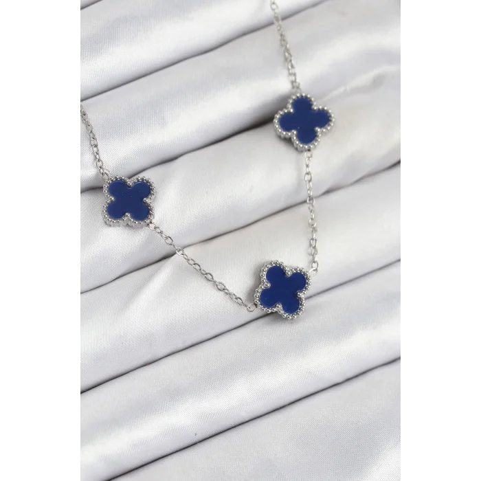 316L Çelik Zincir Gümüş Lacivert Renk Yonca Kadın Kolye