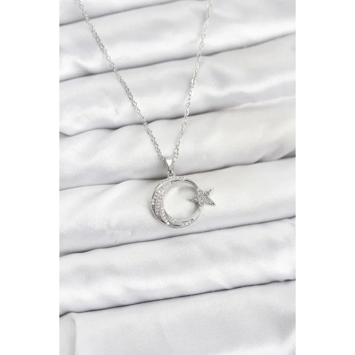 316L Çelik Zincir Gümüş Renk Ay Yıldız Model Zirkon Taşlı Kadın Kolye
