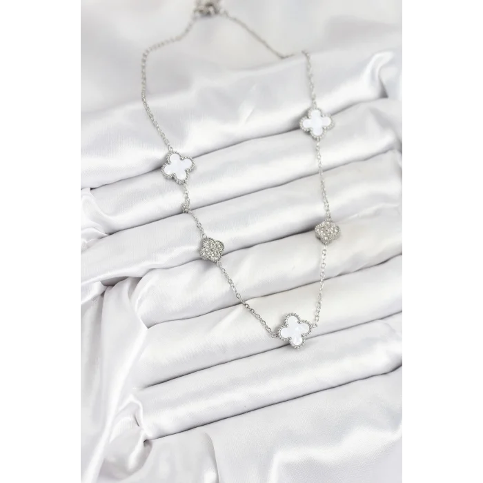 316L Çelik Zincir Gümüş Renk Beyaz ve Zirkon Taşlı Yonca Kadın Kolye
