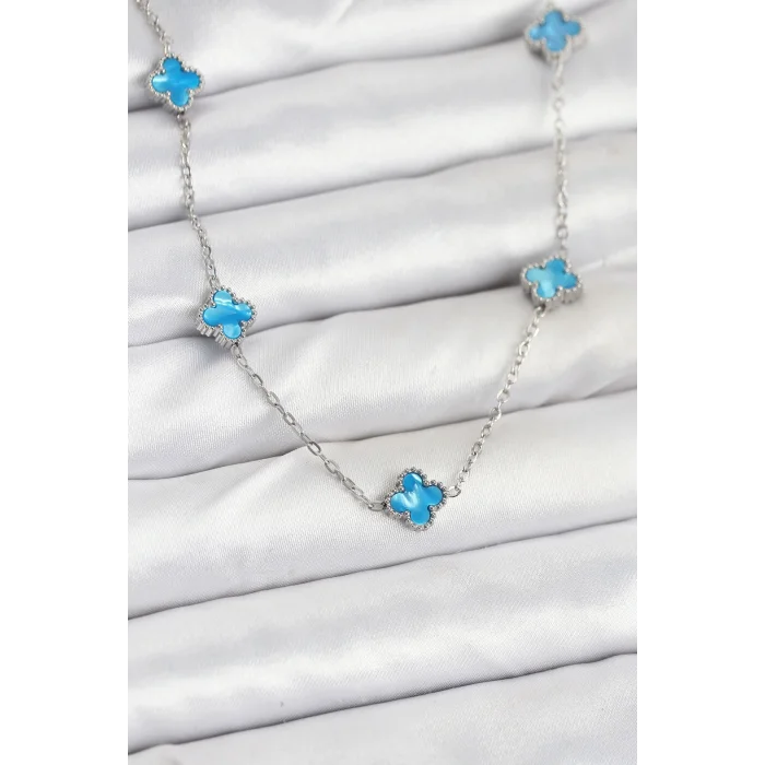 316L Çelik Zincir Gümüş Renk Buz Mavisi Baby Boy Yonca Kadın Kolye