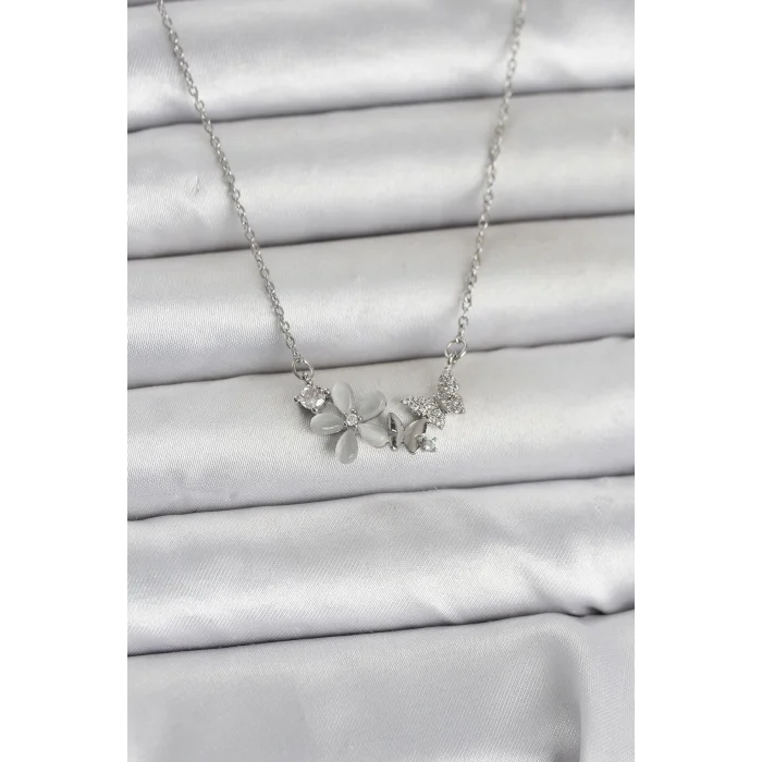 316L Çelik Zincir Gümüş Renk Çiçek ve Kelebek Model Kadın Kolye