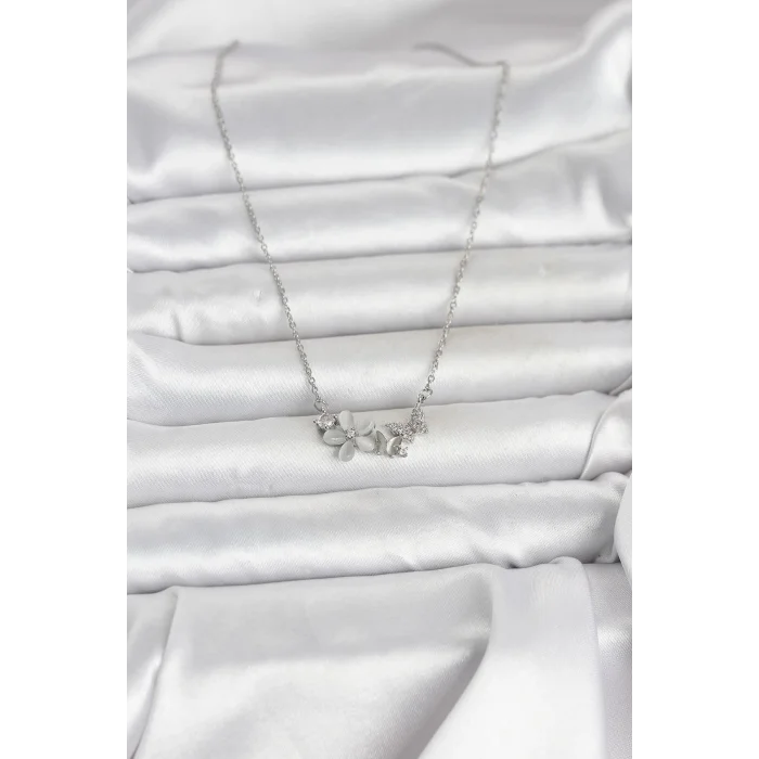 316L Çelik Zincir Gümüş Renk Çiçek ve Kelebek Model Kadın Kolye