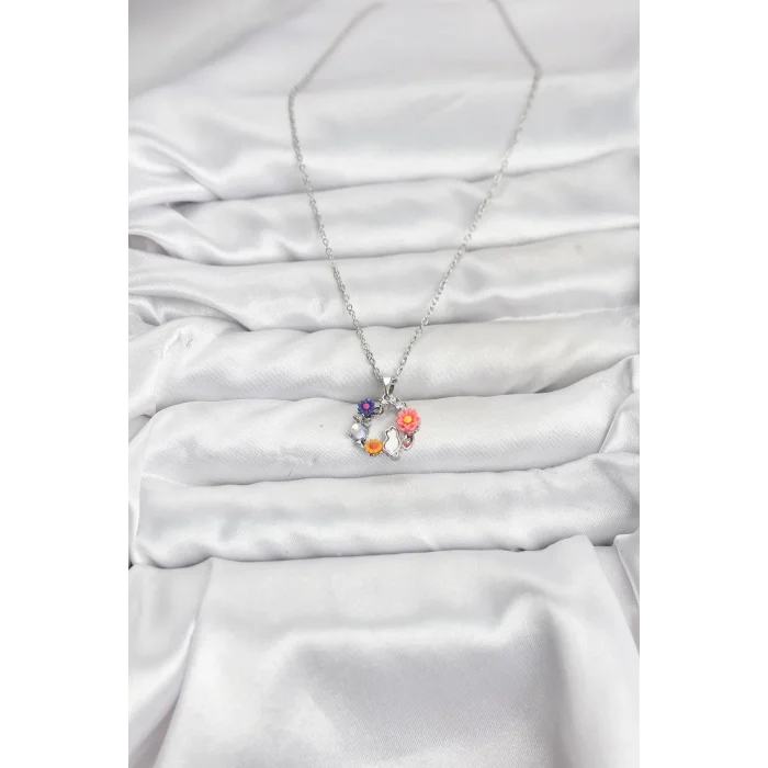 316L Çelik Zincir Gümüş Renk Çiçekli Kedili Model Kadın Kolye